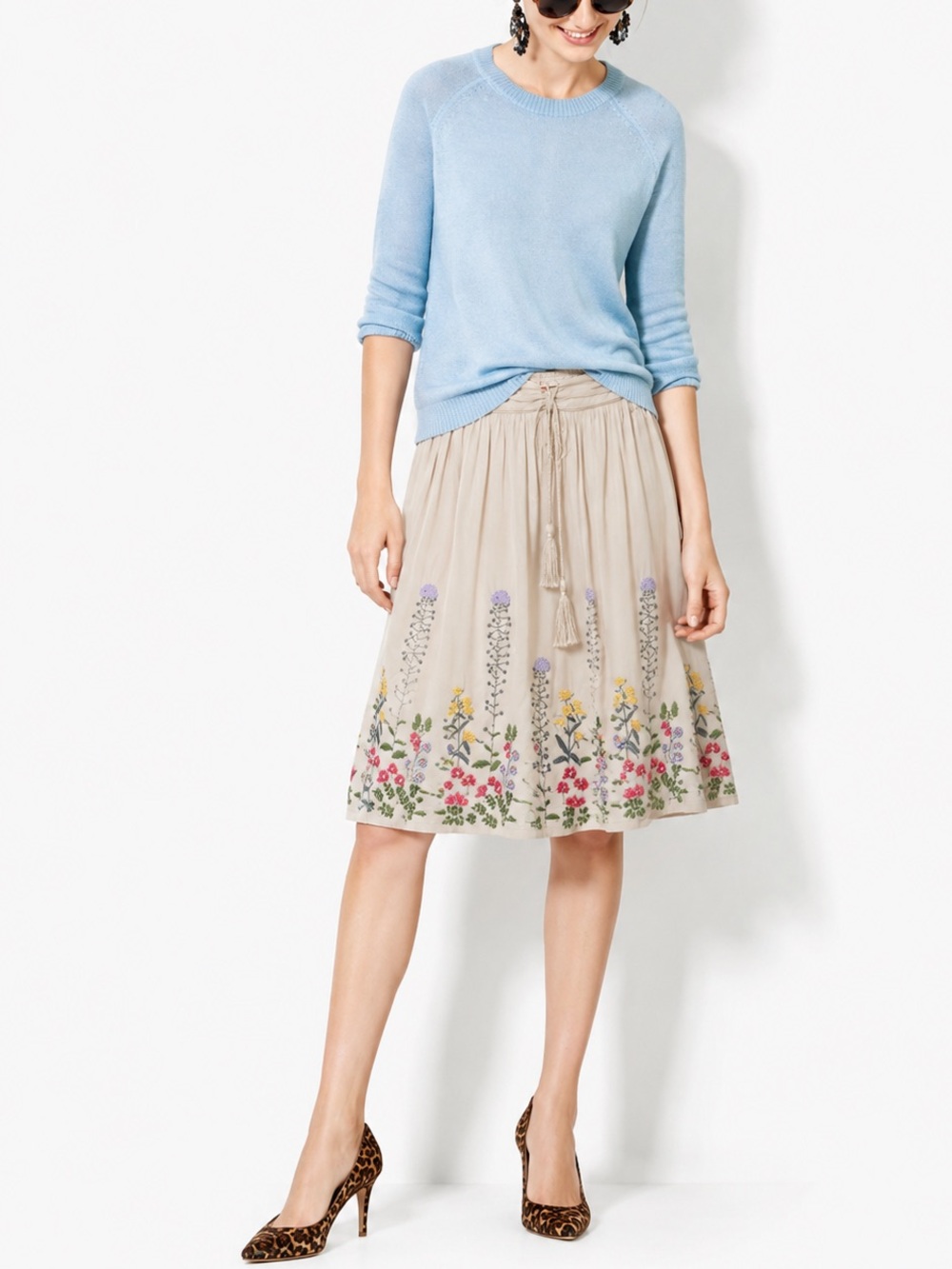 Boho Cream Embroidered Circle Skirt with Tassel Waist (0061)